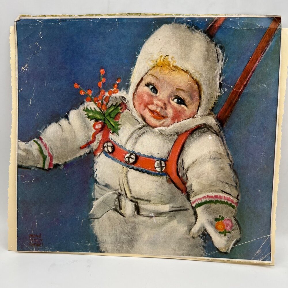 Vintage Snow Baby Child Print Holly Berries Maud Tousey Fangel Artwork Snowsuit